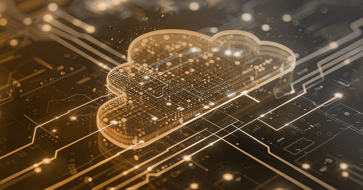 Eine Illustration von einer digitalen Wolke auf einem Motherboard.