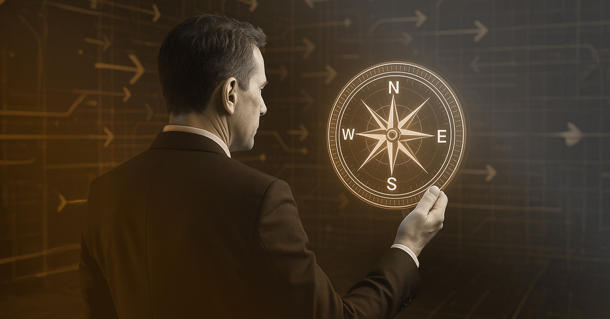 A man standing in front of a compass.