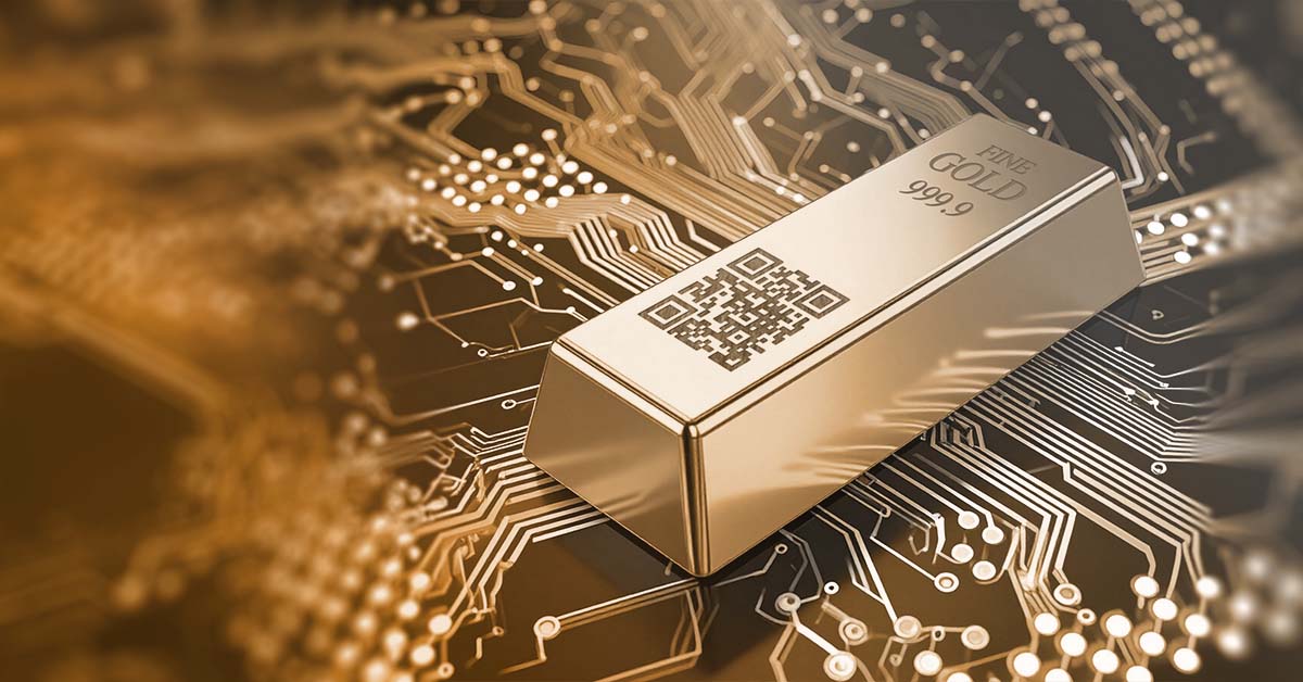 Header Bild von einem Goldbarren mit QR-Code auf einem Motherboard
