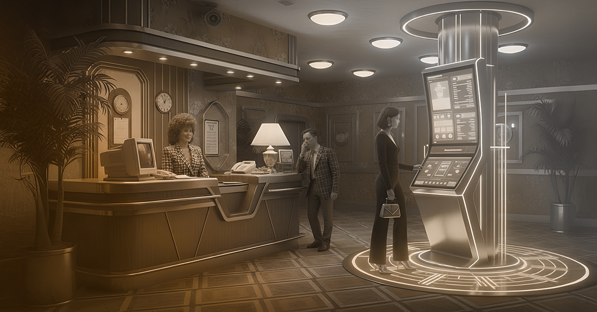 eine Hotel-Lobby auf der linken Seite mit 2 Personen und ein hyper-modernes Check-In-Terminal auf der anderen Seite mit einer Frau.