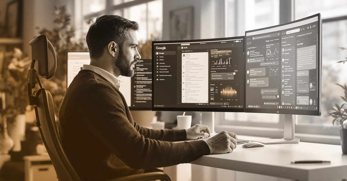 mann sitzt vor mehereren Bildschirmen mit Google Suchen