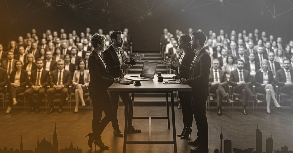 mehrer Personen stehen an einem Tisch und diskutieren. Im Hintergrund sieht man ein Publikum in Reihen auf Sesseln sitzen.