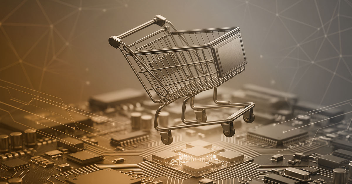 Einkaufswagen auf Datenstrom Computerchip