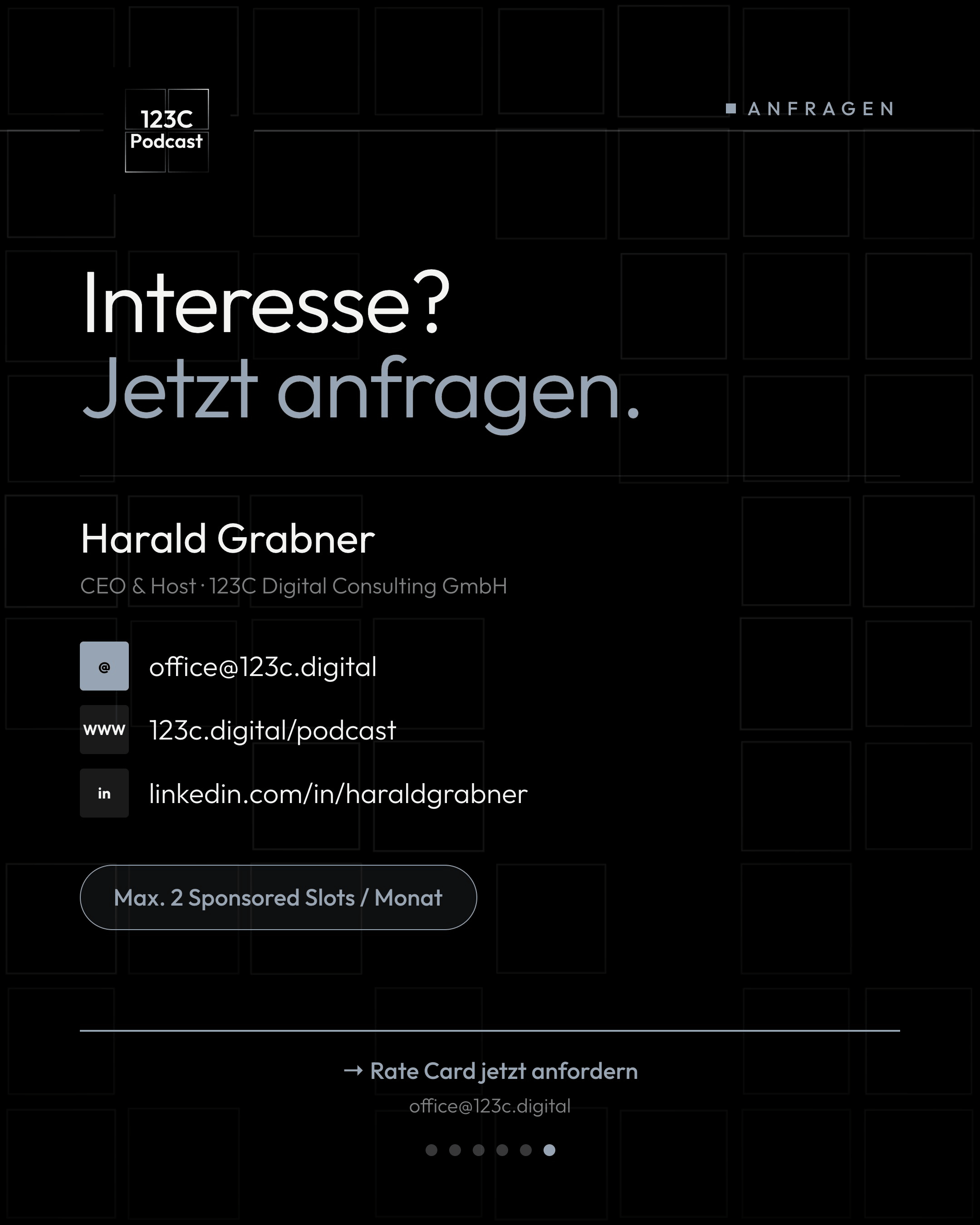 Kontaktinformationen von Harald Grabner, CEO von 123C Digital Consulting mit Podcast-Angebot und E-Mail-Adresse.