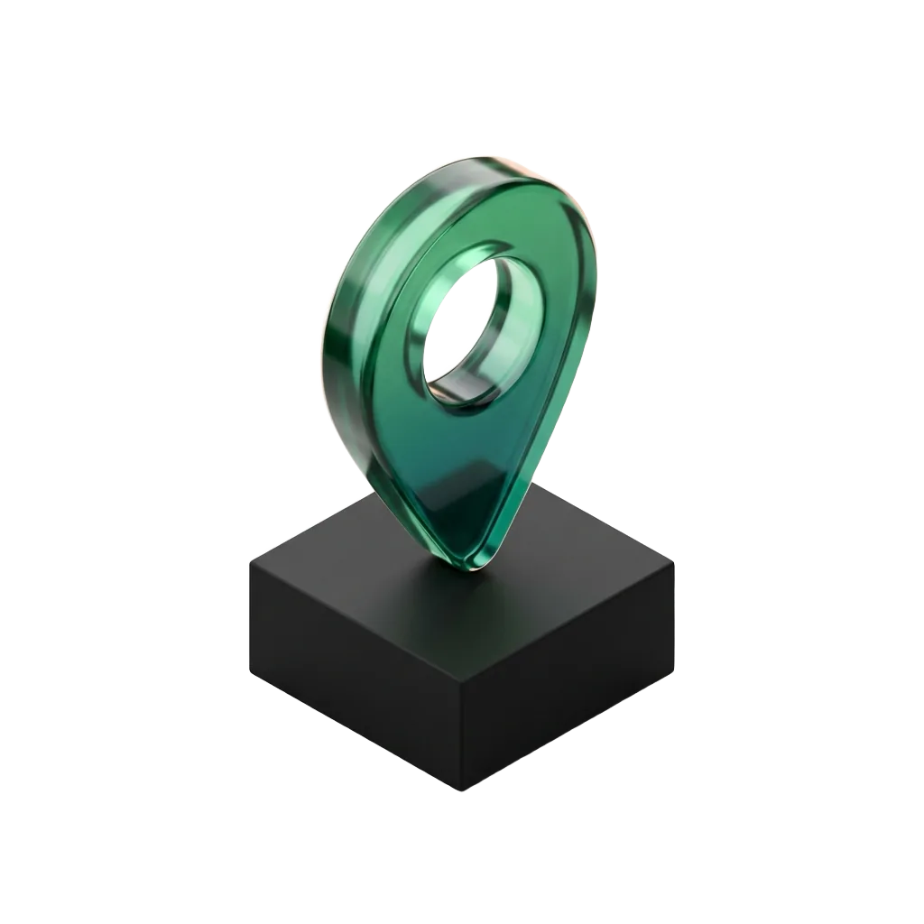 Emerald glass map pin on a black pedestal, being found for the dental cases that pay