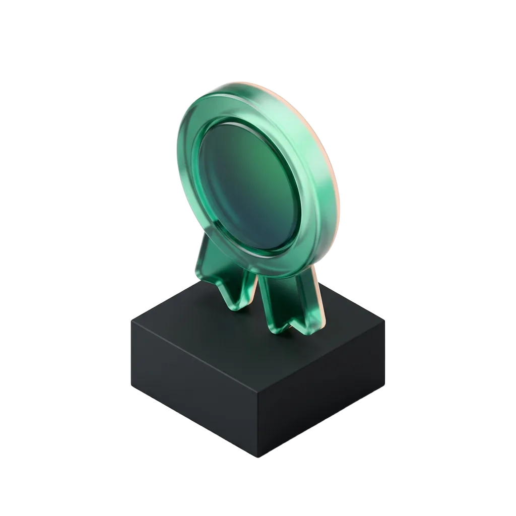 Emerald glass award rosette badge on a black pedestal, credentials visible over a med spa