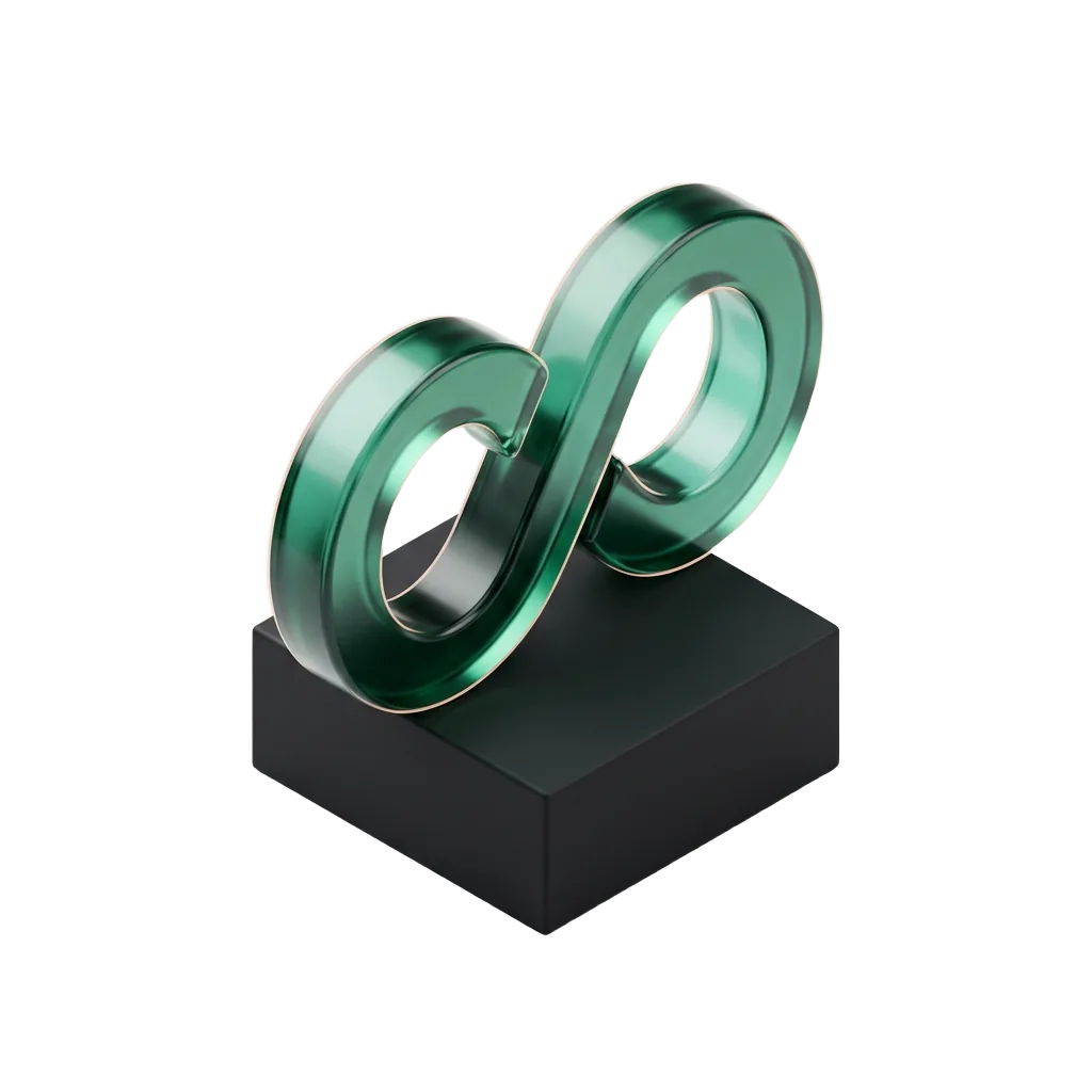 Emerald glass infinity loop on a black pedestal, a first exam becoming twenty years of visits
