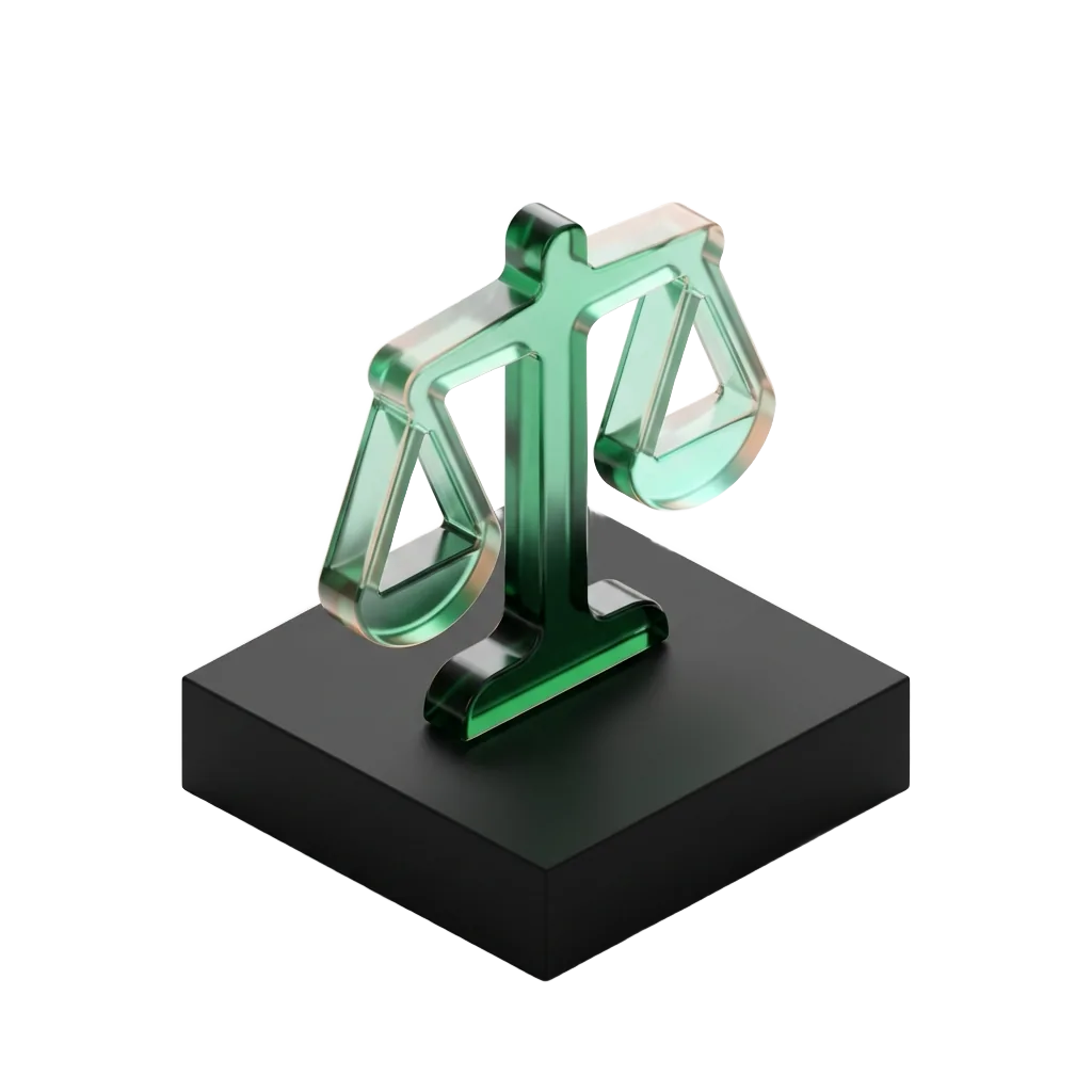 Emerald glass balanced scale on a black pedestal, chosen over the chain and the online brand