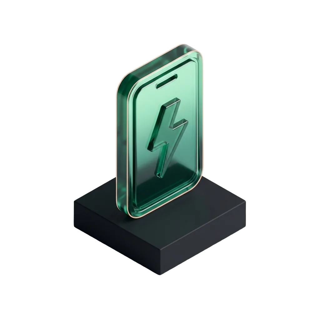 Emerald glass smartphone with a lightning bolt on a black pedestal, a site fast on the phone she is holding