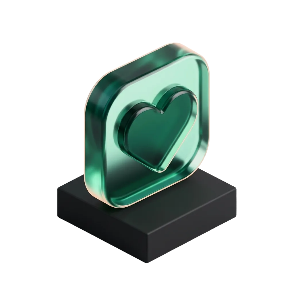 Emerald glass heart badge on a black pedestal, chosen over the franchise down the street