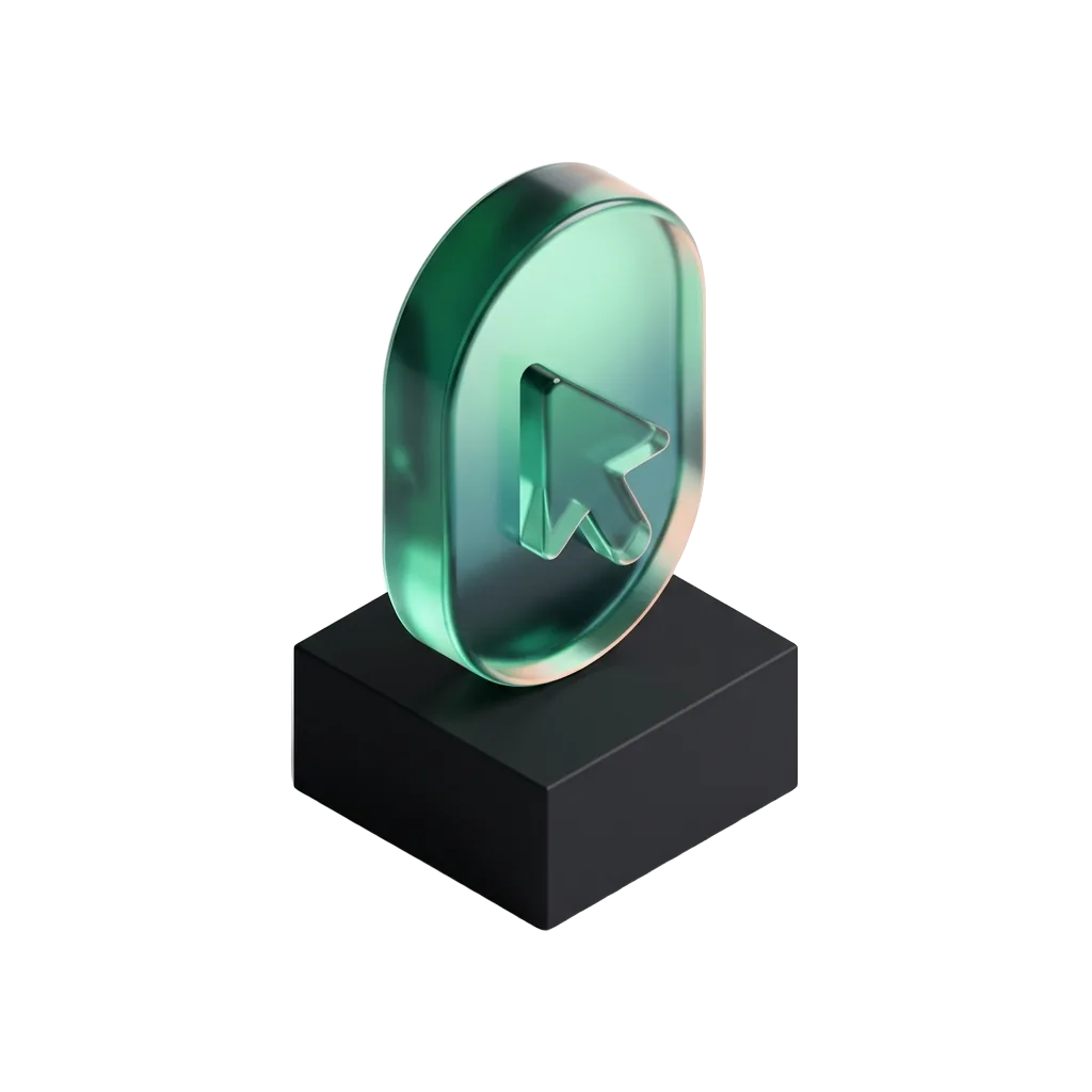 Emerald glass button pressed by a cursor on a black pedestal, booking easier than closing the tab