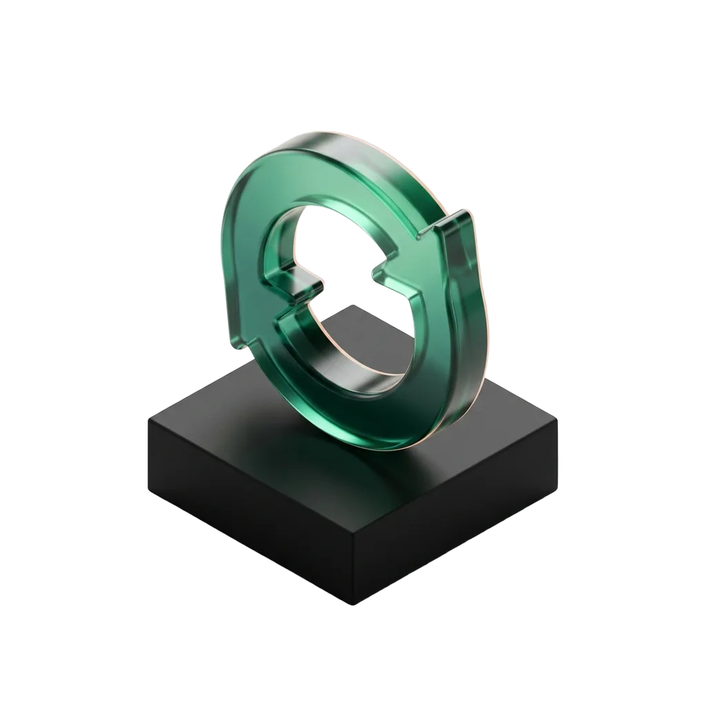 Emerald glass circular refresh arrows on a black pedestal, clients who come back and refer