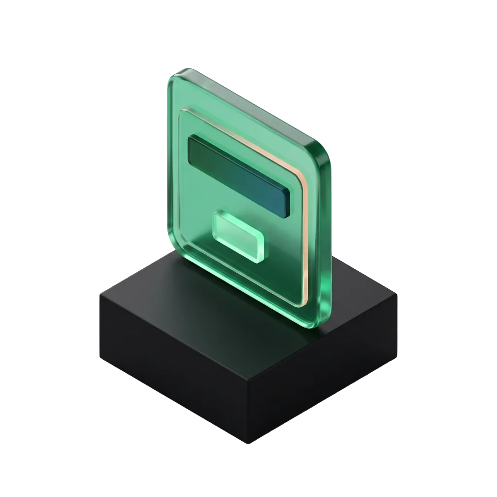 Emerald glass landing page card on a black pedestal, a page that answers the ad she clicked