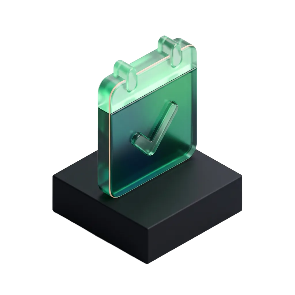 Emerald glass calendar with a check mark on a black pedestal, tracking that stops at a booked appointment