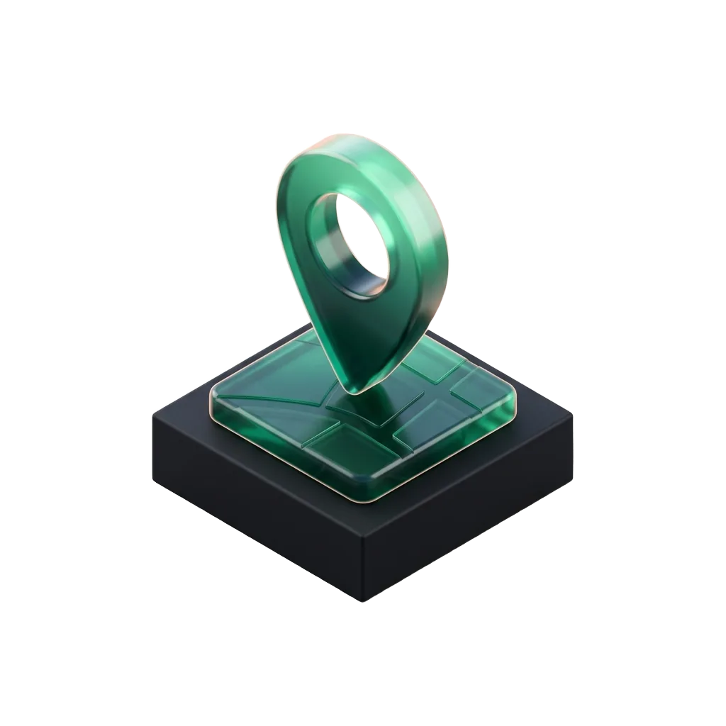 Emerald glass map pin on a map tile on a black pedestal, the map results where patients click first