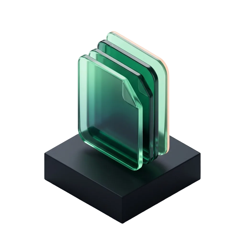 Emerald glass stack of page cards on a black pedestal, one page per treatment