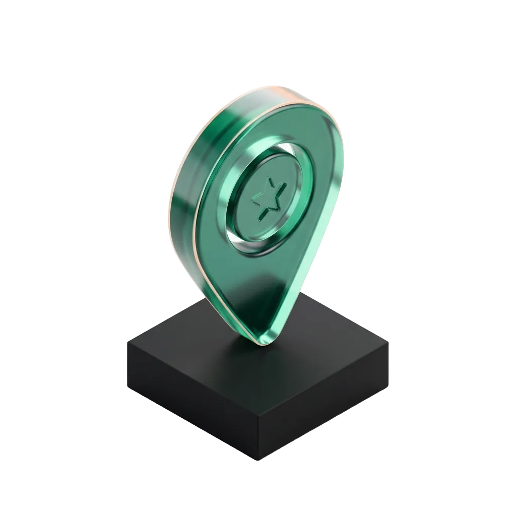 Emerald glass map pin with a star on a black pedestal, the orthodontic name patients search for first