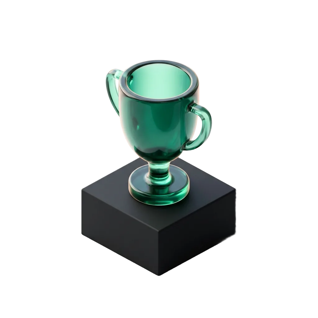 Emerald glass trophy cup on a black pedestal, the practice they pick over the one next door