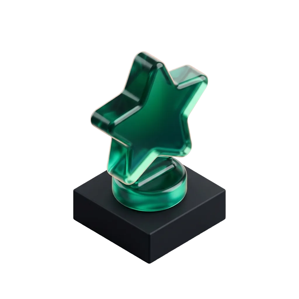 Emerald glass star medallion on a black pedestal, chosen over the surgeon inside the hospital network