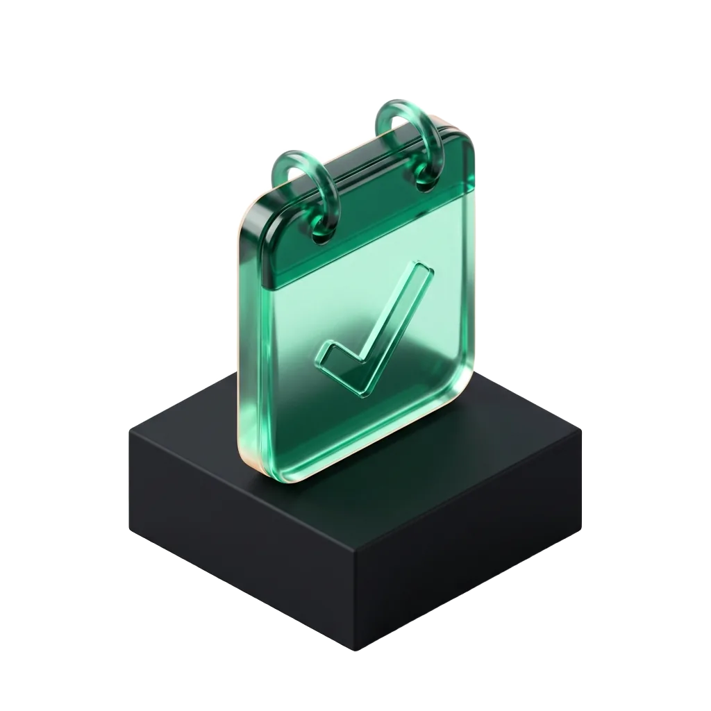 Emerald glass calendar with a check mark on a black pedestal, a visitor becoming a booked consultation