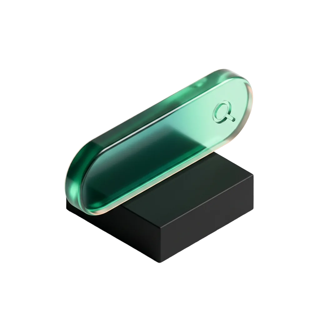 Emerald glass search bar on a black pedestal, found by the patient who searches her own symptom