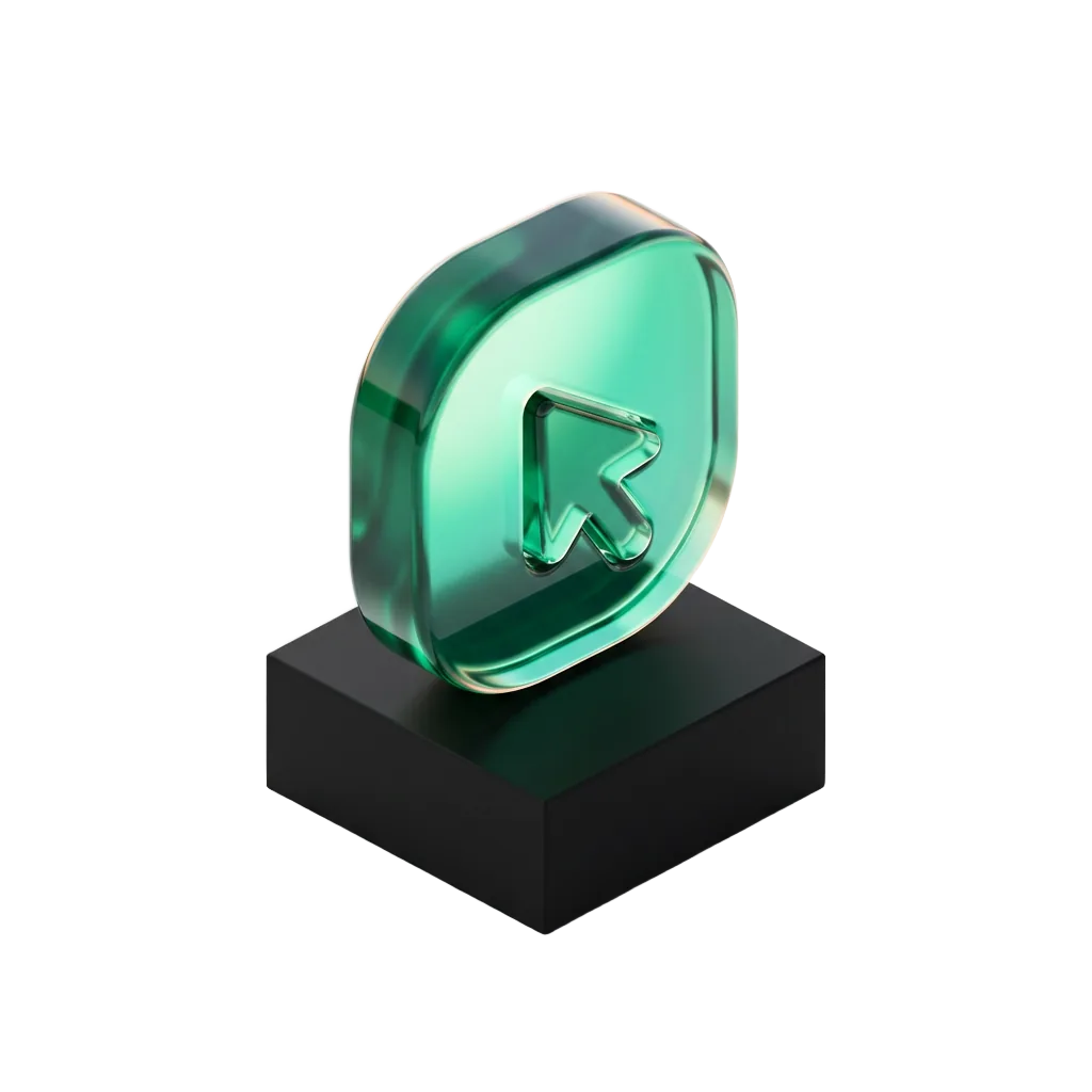 Emerald glass button pressed by a cursor on a black pedestal, a visitor becoming a paid consultation