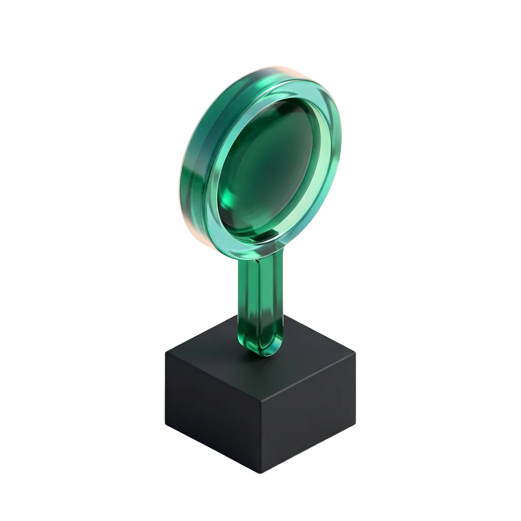 Emerald glass magnifying glass on a black pedestal, found while she is still comparing surgeons