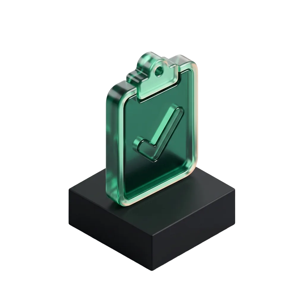 Emerald glass clipboard with a check mark on a black pedestal, an enquiry becoming a surgical consult