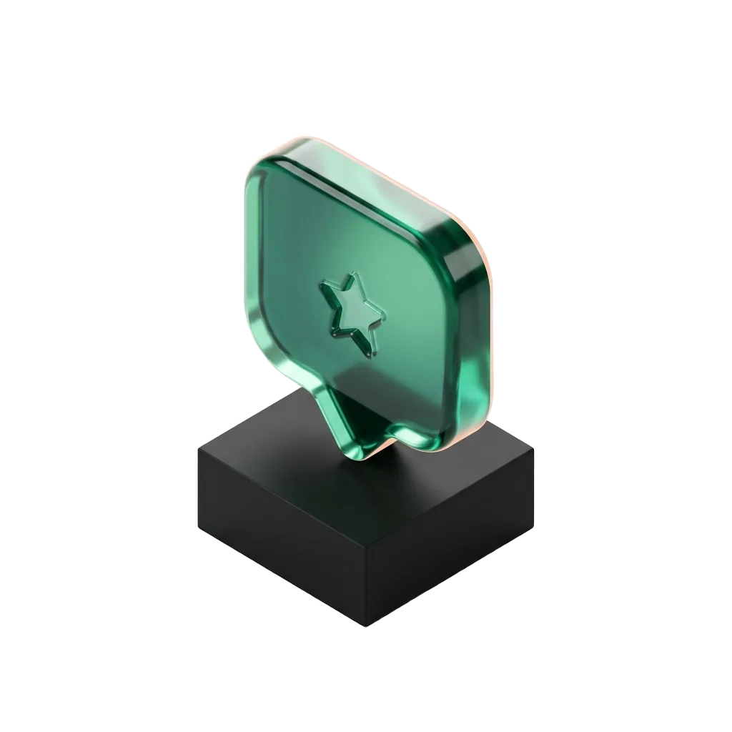 Emerald glass speech bubble with a star on a black pedestal, asking for the review at the right moment