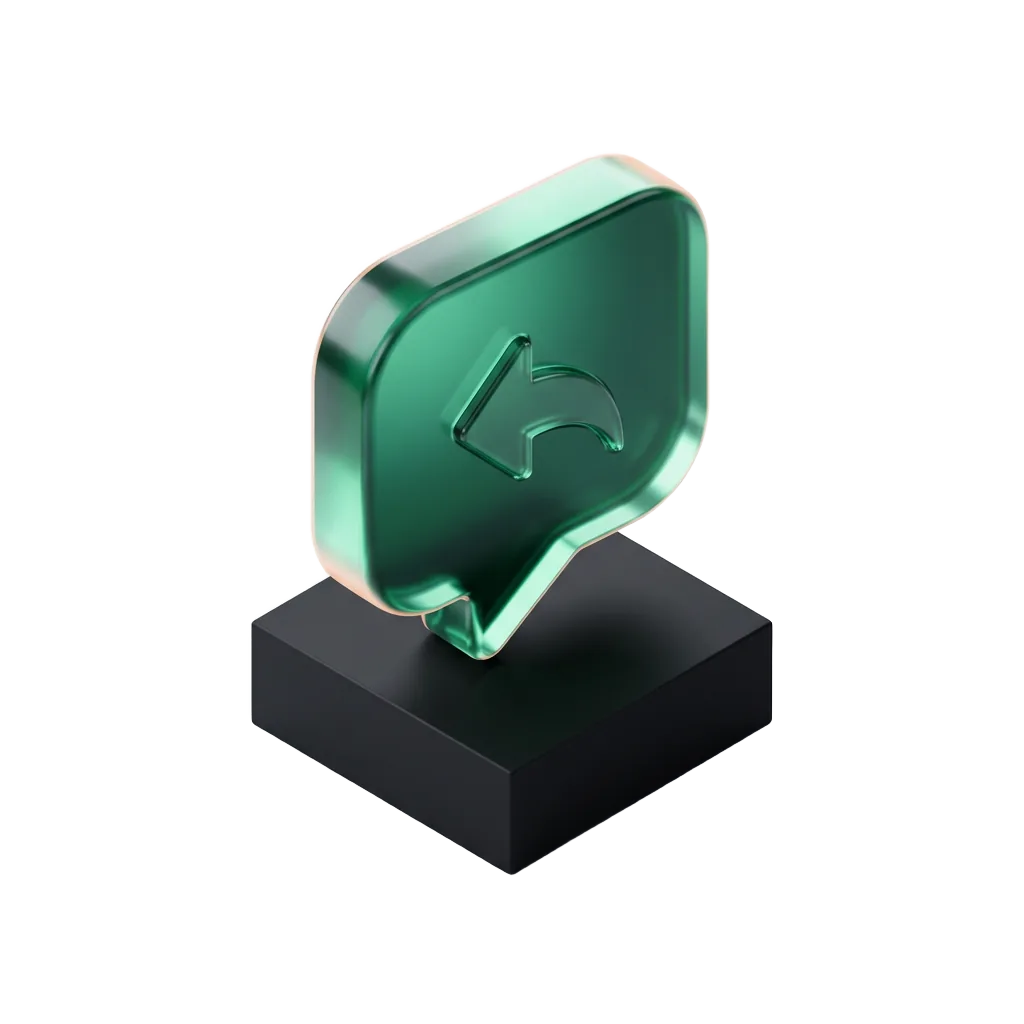 Emerald glass speech bubble with a reply arrow on a black pedestal, a bad review answered well