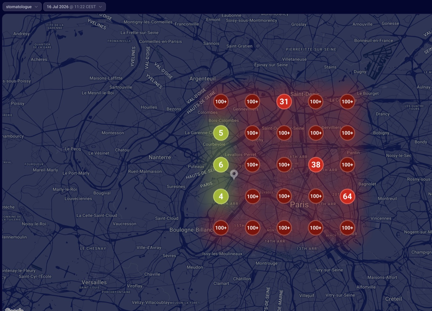 Local ranking grid on July 16 2026, two weeks after the office move: most measurement points beyond position 80