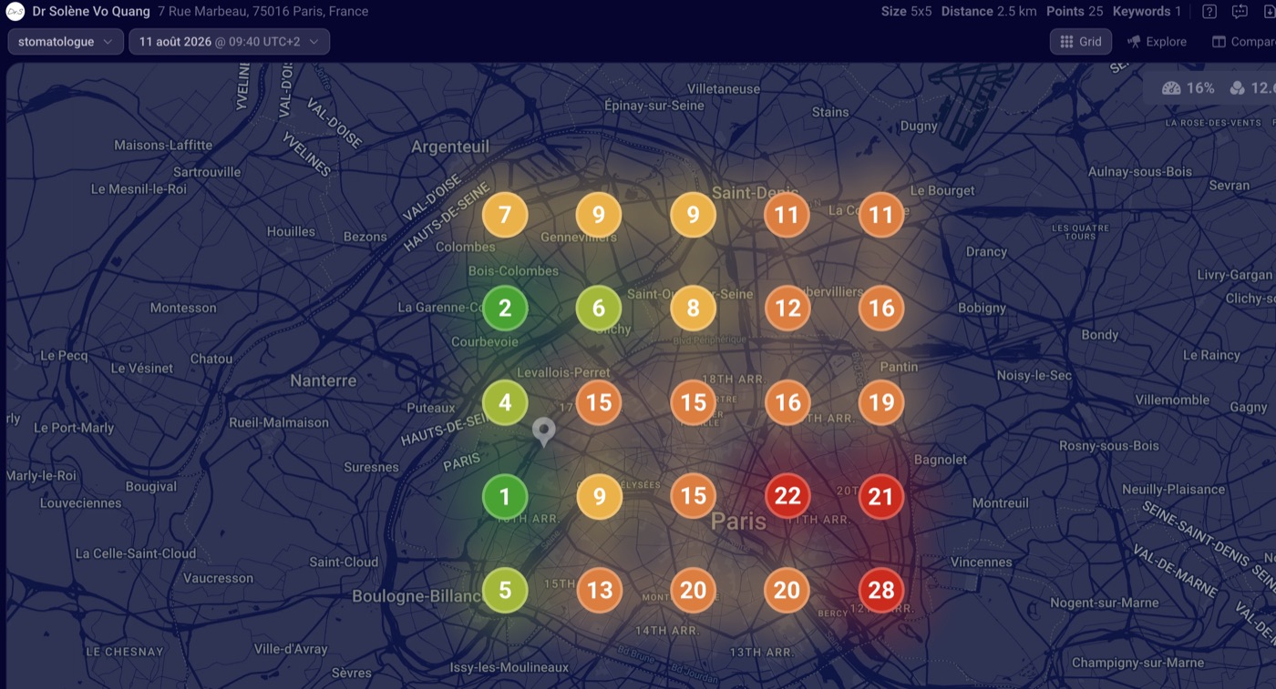 Local ranking grid on August 11 2026: average position 12.6, no dead points across 25 measurements