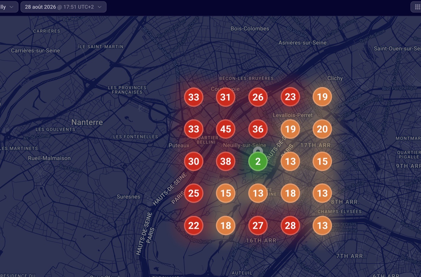 Local ranking grid on cabinet dentaire, August 28 2026, thirteen points of 25 in the top 20