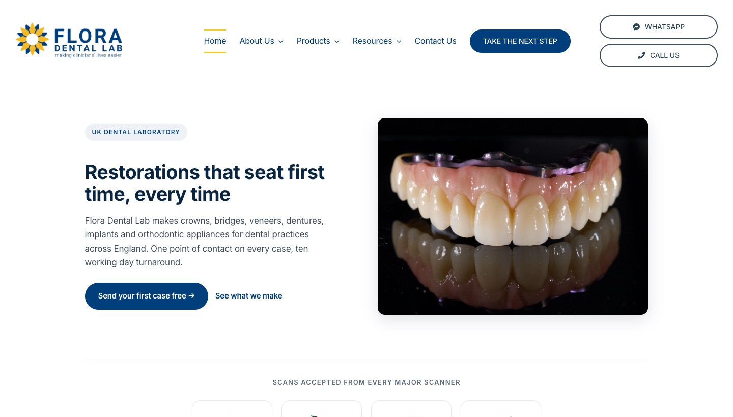 Flora Dental Lab website homepage after the rebuild, restorations that seat first time every time