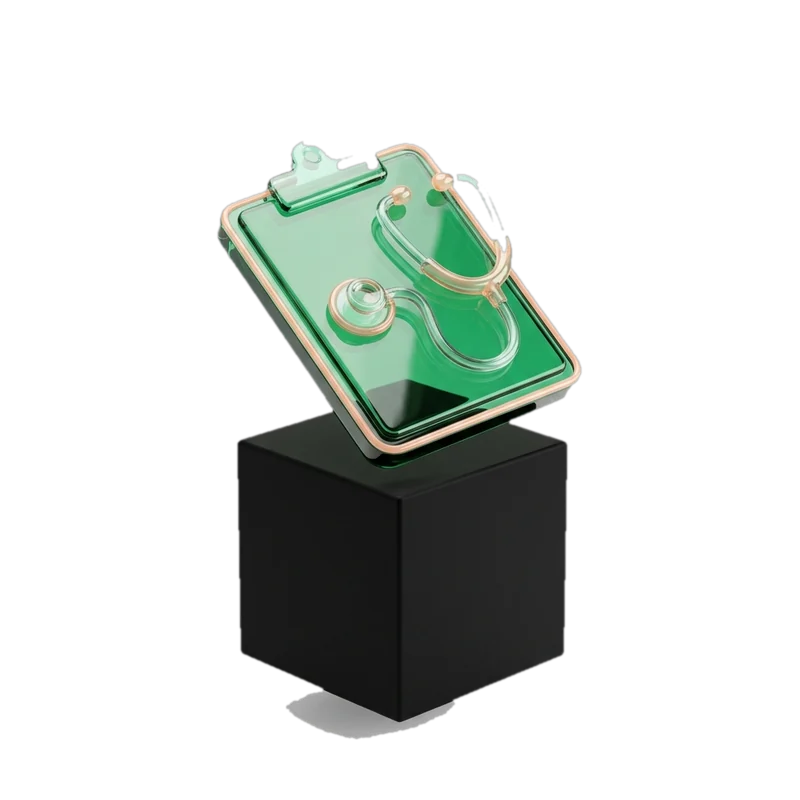 Green glass form with a stethoscope on a black base