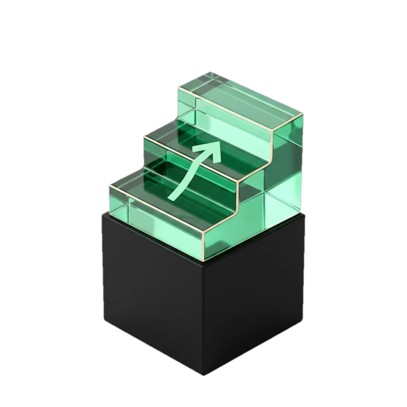 Green glass steps with an upward arrow on a black base