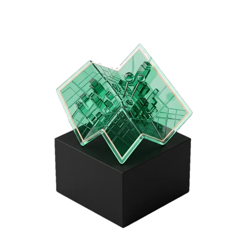 Green glass city map with a location pin on a black base
