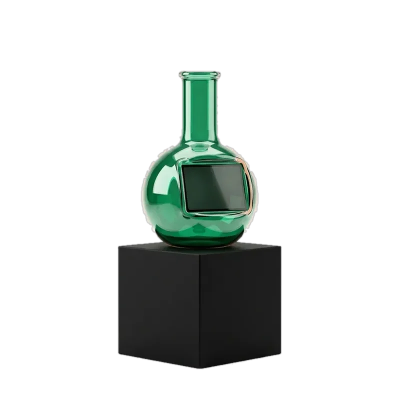 Green glass flask with a small screen on a black base