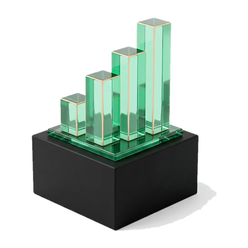 Green glass rising bar chart on a black base