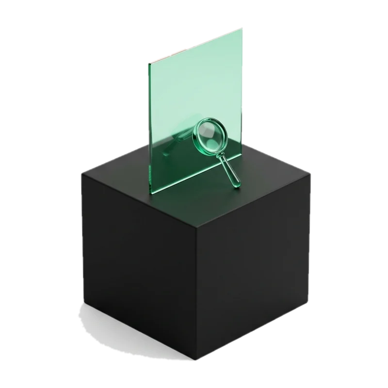 Green glass report sheet with a magnifier on a black base