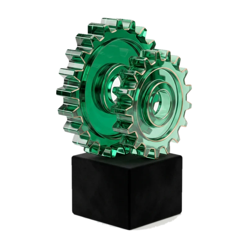 Green glass gears on a black base