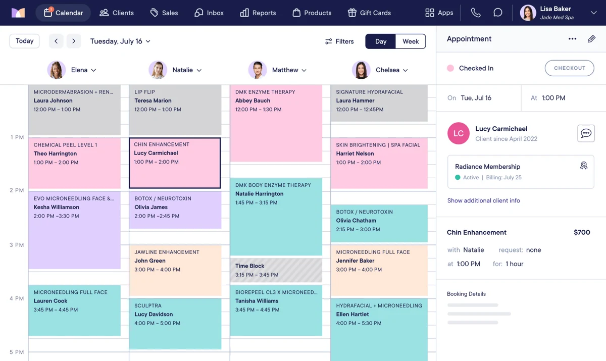 Mangomint: the vendor’s calendar view shows appointments across providers and details of a selected visit.