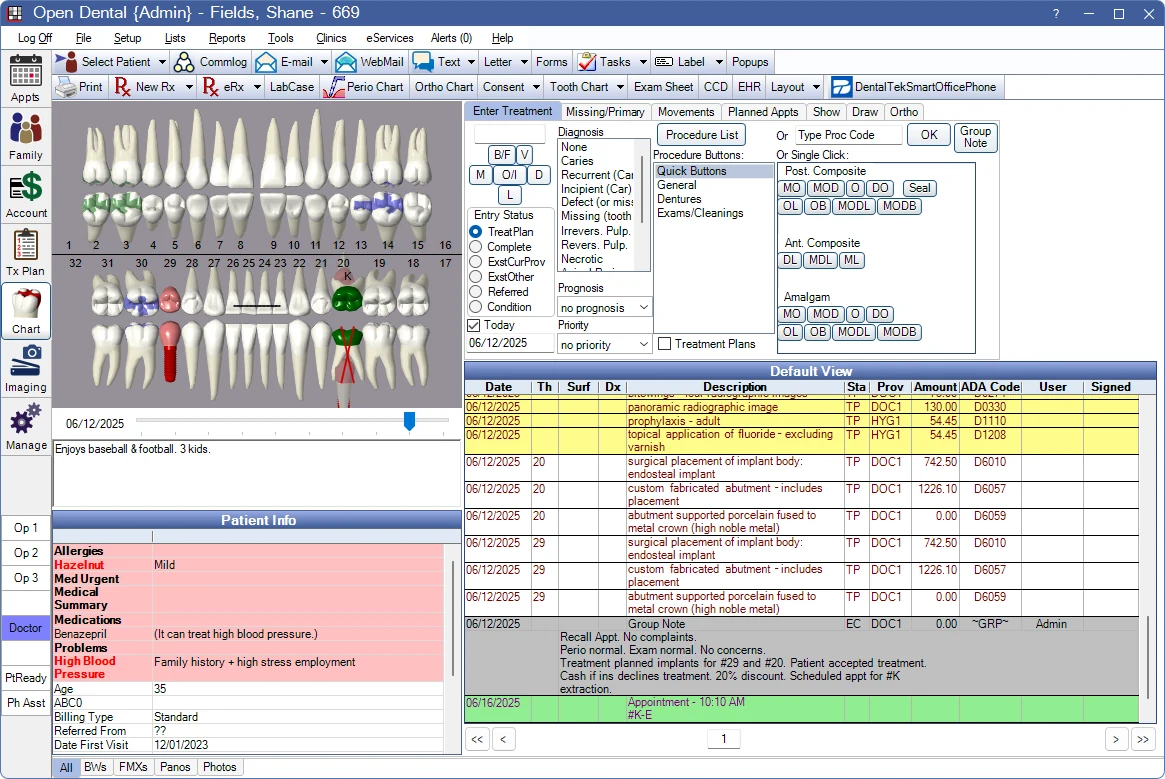 Open Dental: the vendor’s chart module shows an odontogram, treatment history and patient information.
