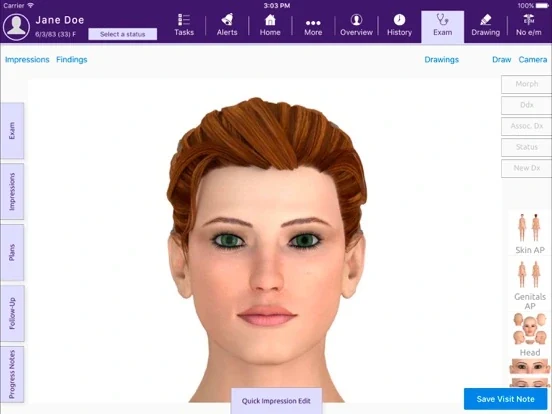 ModMed EMA examination screen with anatomical face model and clinical navigation