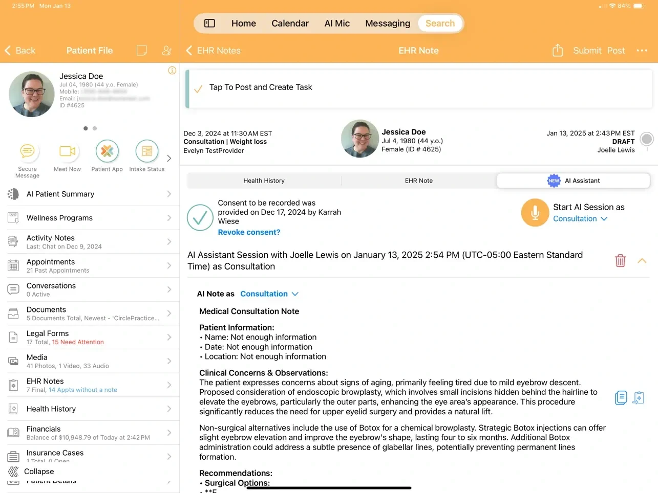 Symplast patient record with EHR note and AI Assistant panel