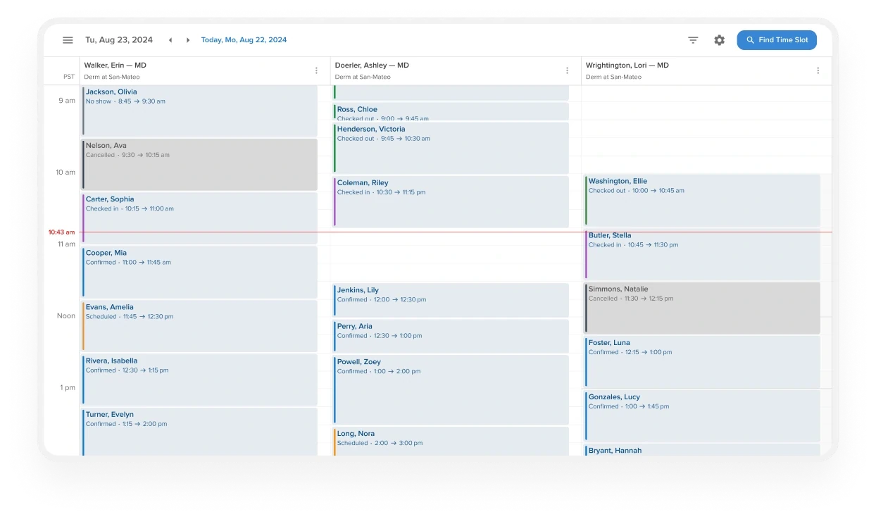 Remedly daily provider calendar with appointment statuses