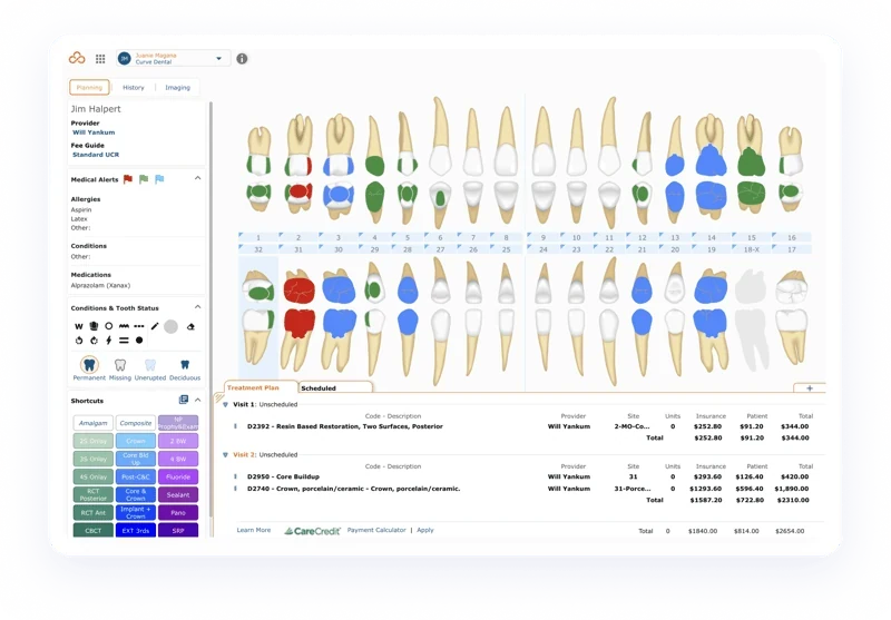 Curve Dental interface showing a tooth chart, patient alerts and a treatment plan.