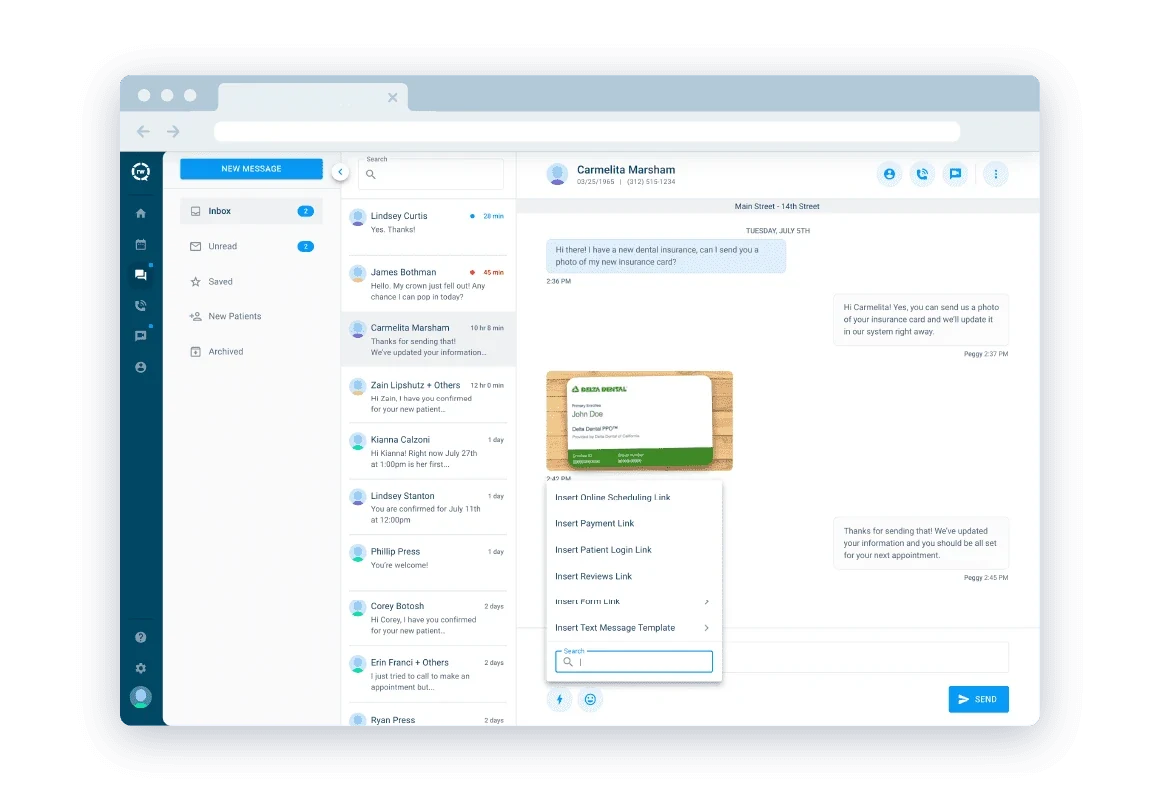 RevenueWell Messenger interface with conversations, an insurance-card message and a link/template menu.