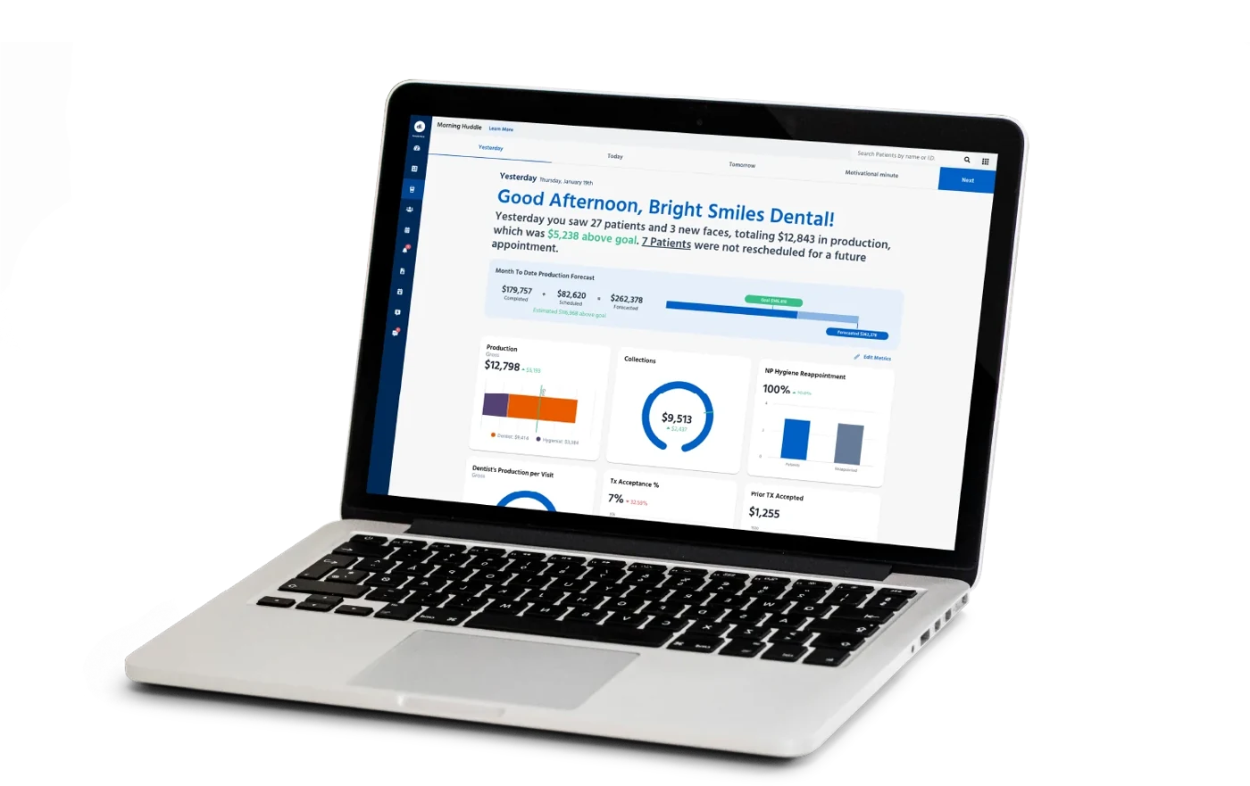 Dental Intelligence Morning Huddle dashboard displayed in a laptop composition.