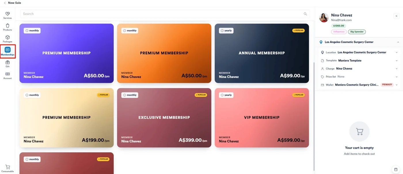 Pabau point-of-sale membership selection screen with plan cards and client details